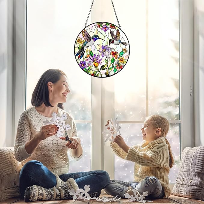 Hummingbird Suncatcher Stained Glass Window Hanging - Bird and Flowers Suncatchers for Windows - Sun Catchers Indoor Window Wall Art Home Decor Panel - Hummingbird Gifts for Women Men Mom Bird Lovers-VerdiqueGarden