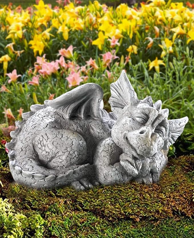 Sleeping Dragon Garden Outdoor Statue Adorable Mythical Creature Baby Sleeping Dragon-VerdiqueGarden