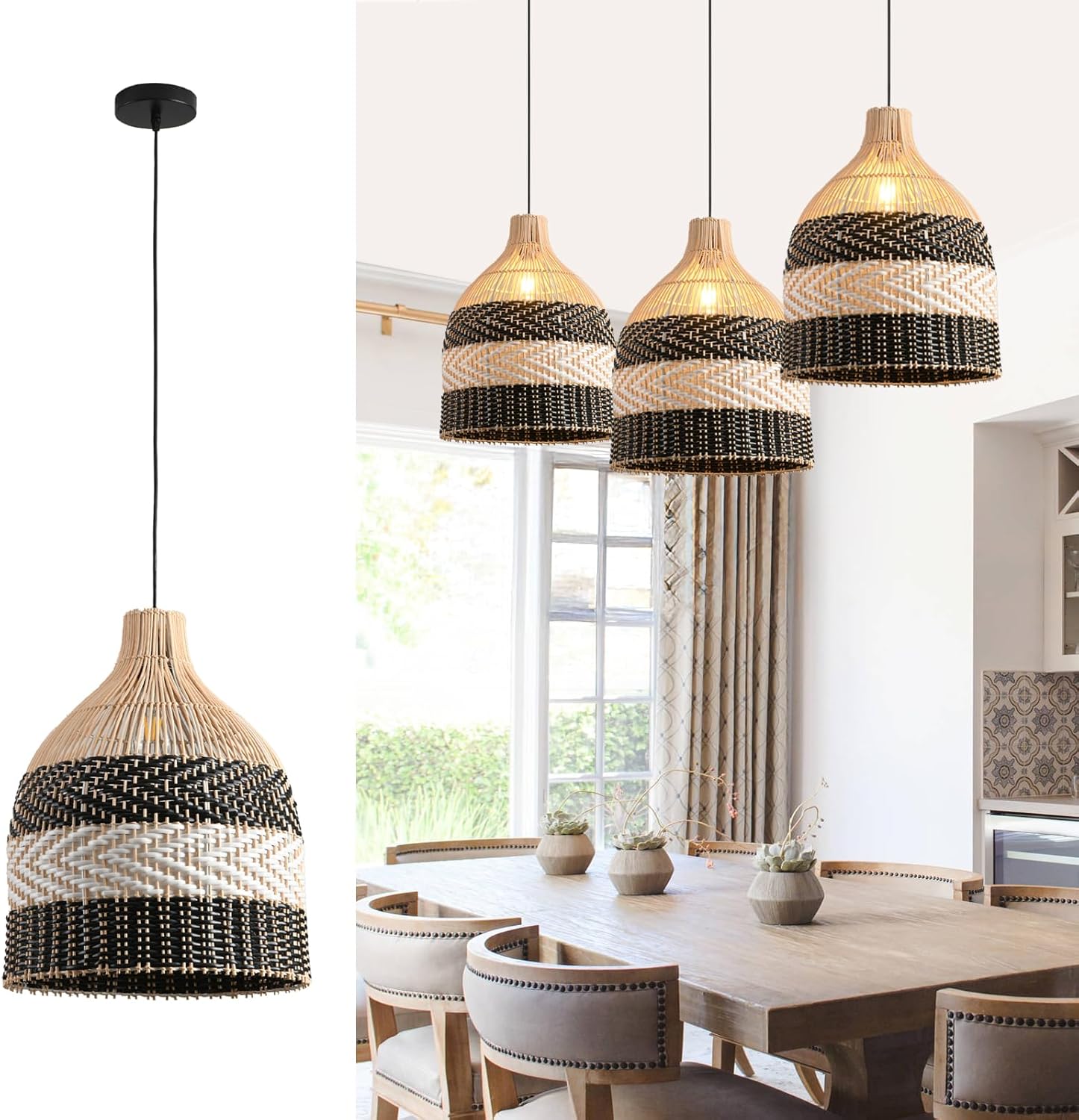 15.75" Rattan Pendant Light Black White Faux Rattan Basket Chandelier 1-Pack Boho Handmade Woven Wicker Hanging Light Fixture for Public Place Dining Living Bedroom Kitchen Farmhouse-VerdiqueGarden