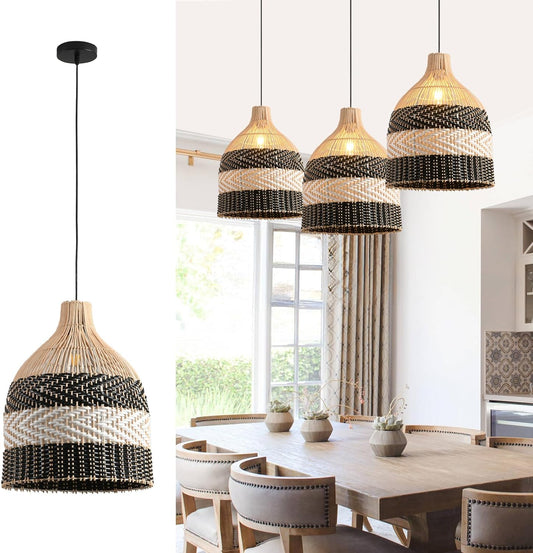 15.75" Rattan Pendant Light Black White Faux Rattan Basket Chandelier 1-Pack Boho Handmade Woven Wicker Hanging Light Fixture for Public Place Dining Living Bedroom Kitchen Farmhouse-VerdiqueGarden