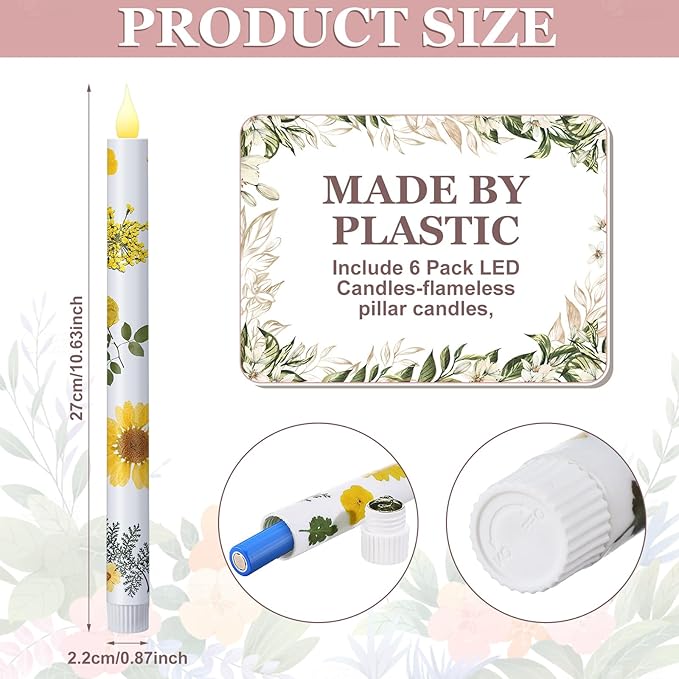 Nuanchu 6 Pcs Floral Taper Candles 10.6 Inch Pastel Flameless Candle Battery Operated Dried Flower Candlestick LED Pressed Floral Candlestick for Summer Home Wedding Dining Garden Party Decoration-VerdiqueGarden