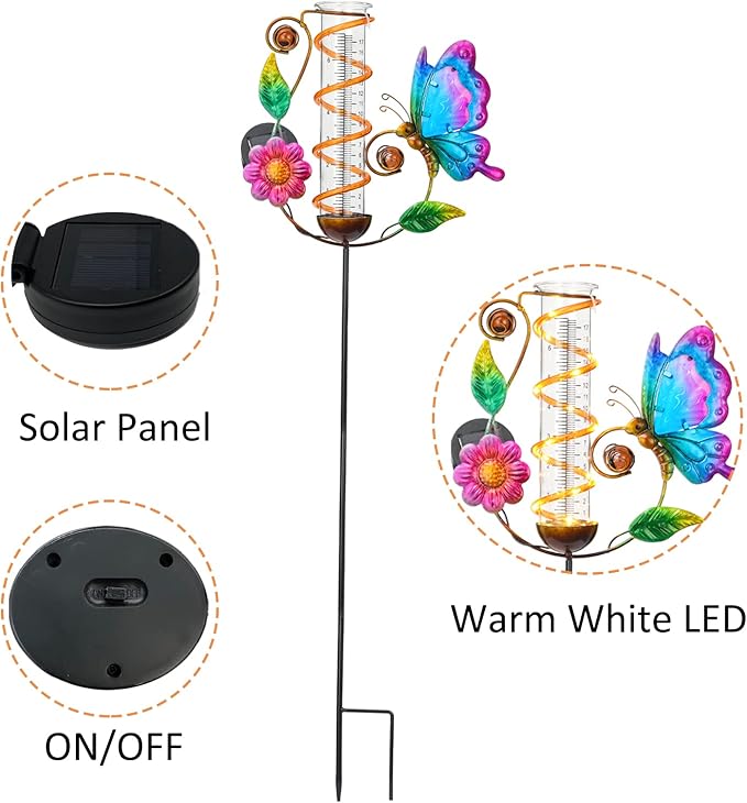 LEWIS&WAYNE 36.3” Butterfly Rain Gauge Outdoor, 7” Glass Tube Solar Powered 10 Warm White LEDs Garden Metal Stakes Decorative Waterproof for Yard Garden Patio Lawn-VerdiqueGarden