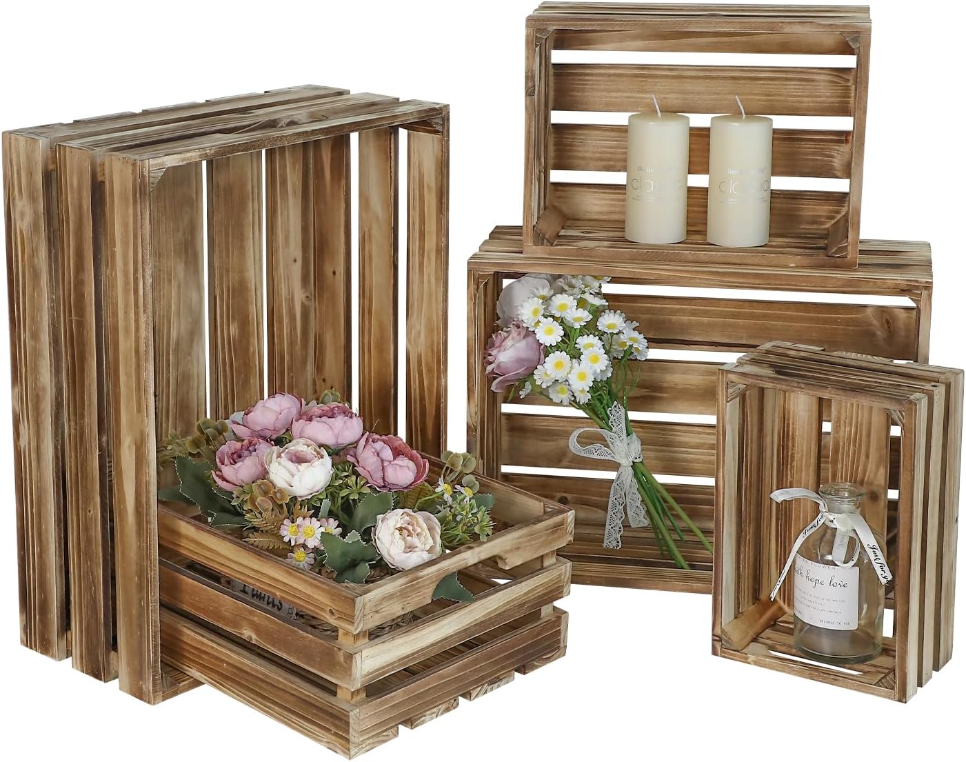 Set of 5 Large Wooden Crates, Nesting Storage Crate with Handles, Rustic Torched Brown Farmhouse Wooden Crates for Display, Wedding Birthday Home Party Living Room Kitchen Decoration-VerdiqueGarden