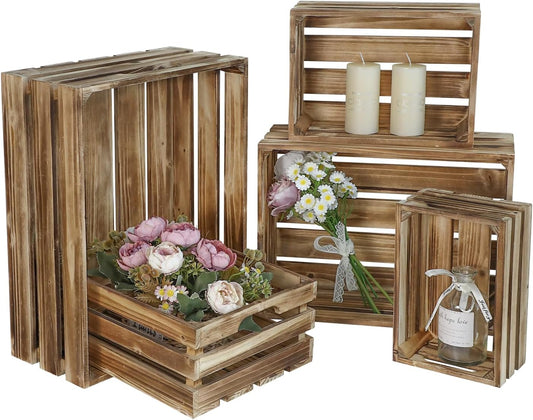 Set of 5 Large Wooden Crates, Nesting Storage Crate with Handles, Rustic Torched Brown Farmhouse Wooden Crates for Display, Wedding Birthday Home Party Living Room Kitchen Decoration-VerdiqueGarden