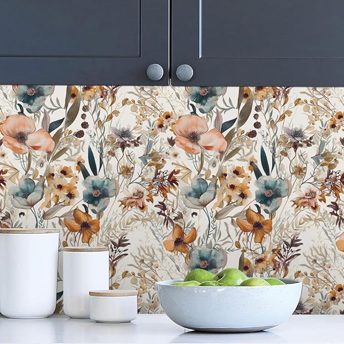 Boho Light Brown Flowers Teal Blue Floral Leaf Plants Vintage Watercolor Peel and Stick Wallpaper Self Adhesive Removable Easy Peel Off Stick on Wall Paper for Bedroom Cabinet Renter-VerdiqueGarden