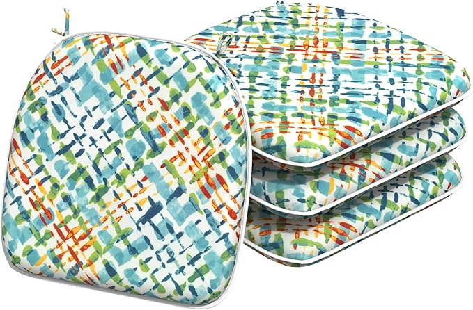 Indoor/Outdoor Chair Cushions 16x17 Inch, Patio Chair Cushions with Ties, All Weather Seat Cushions for Patio Furniture Home Garden Chair Use, Set of 4,Acapa Opal Geometric-VerdiqueGarden