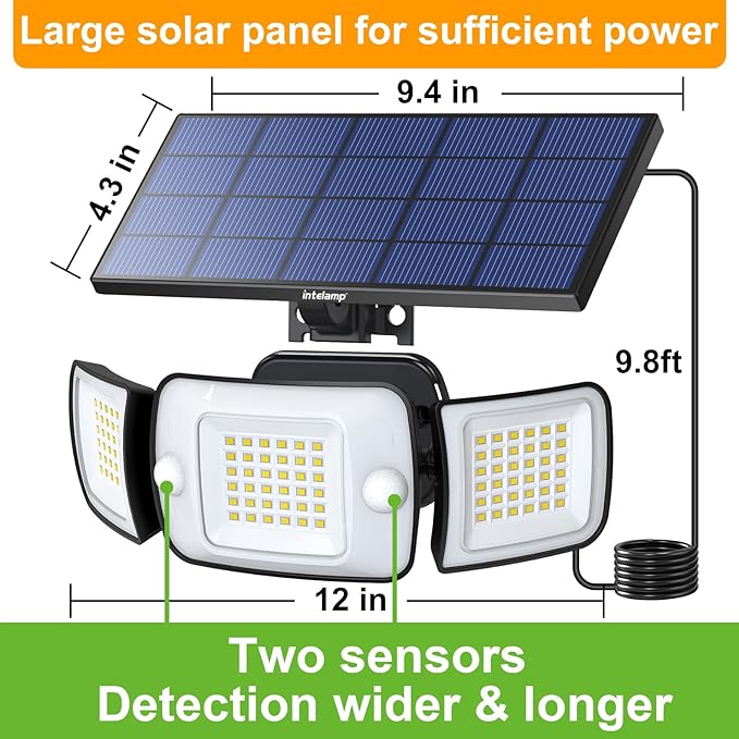 intelamp Solar Flood Lights Outdoor Waterproof, 6000mAh 1200LM Solar Powered Dual Motion Sensor LED Lighting Dusk to Dawn Security Floodlight Exterior with Remote 9.8ft Cable for Outside Garden House-VerdiqueGarden