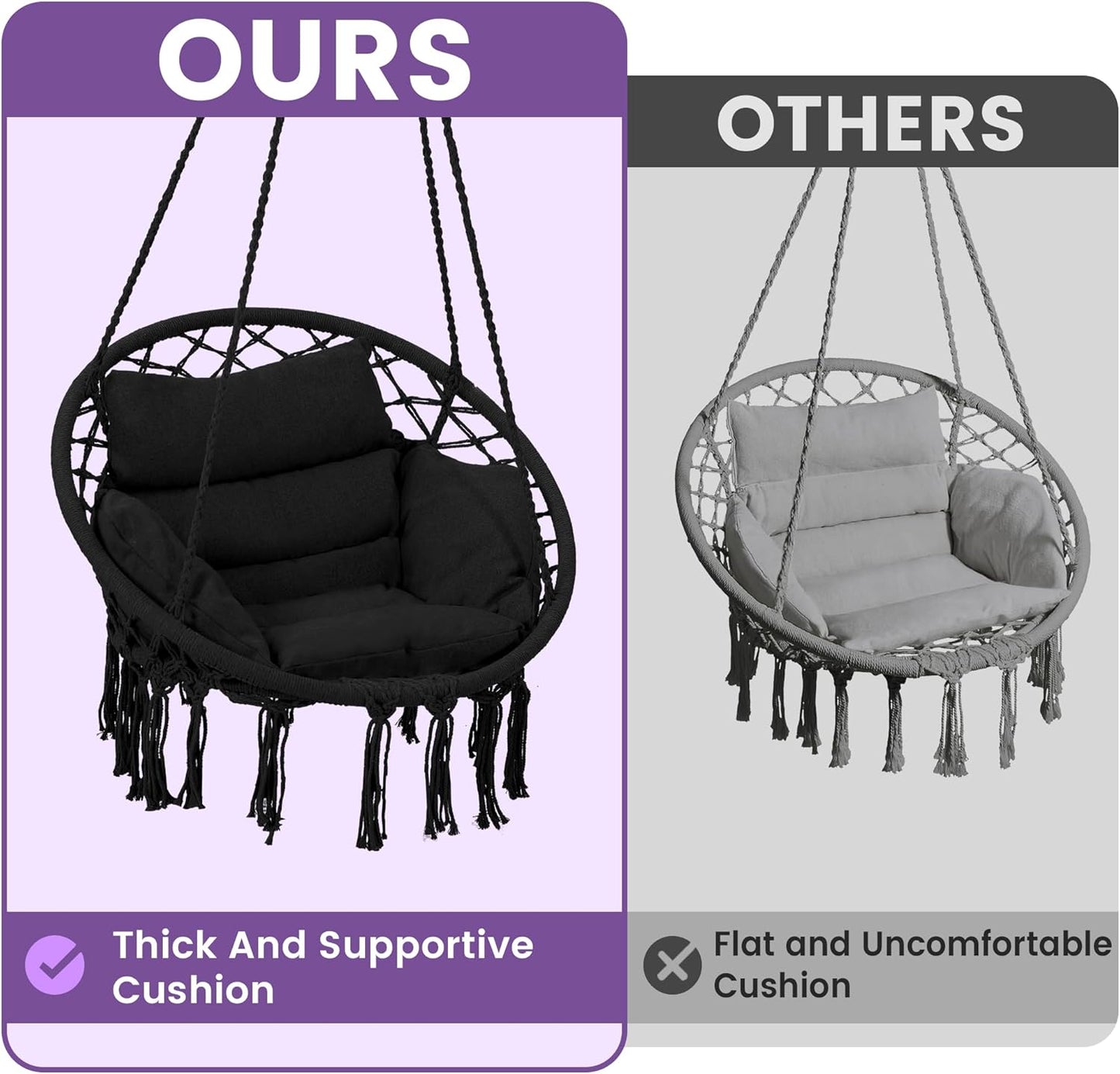 Macrame Hammock Hanging Swinging Chair with Medium Cushion, Perfect for Bedroom, Porch, Adults, Balcony, Black-VerdiqueGarden