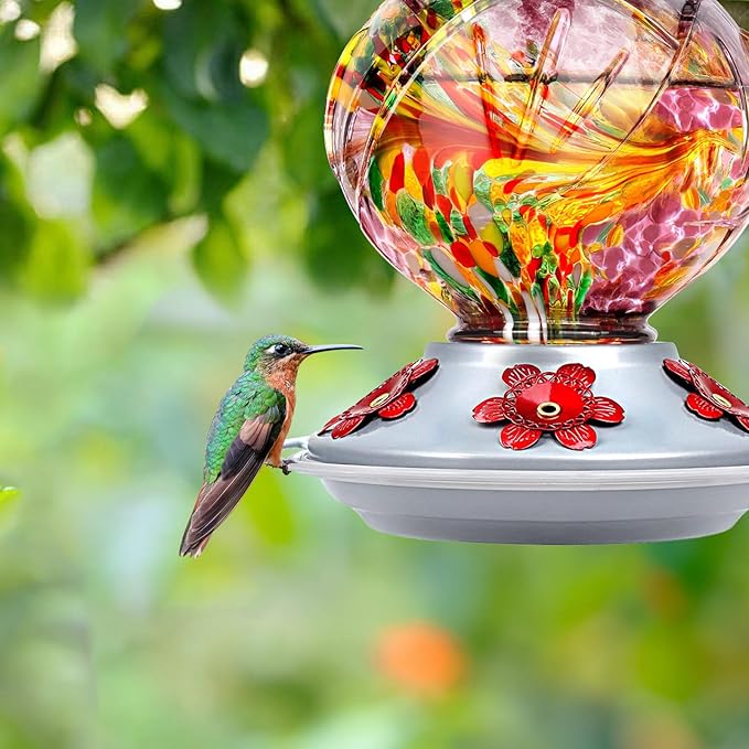 BOLITE Hummingbird Feeder, Hand Blown Glass Hummingbird Feeders for Outdoors Hanging, with Ant Moat and 5 Feeding Ports, 22 Ounces, Peony Flower Shape, Purple, Gifts for Women Men, Gifts for Mom Dad-VerdiqueGarden