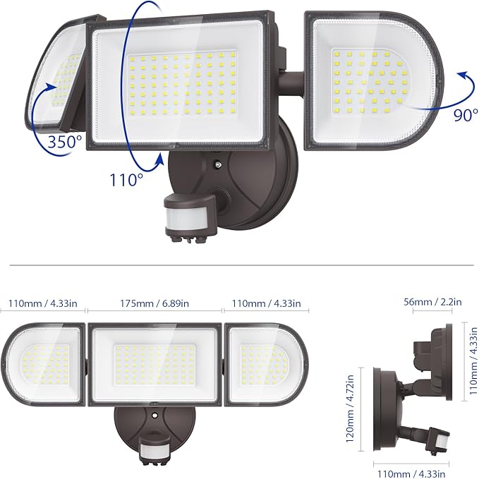 iMaihom 100W Motion Sensor LED Security Light, 9000LM Super Bright Flood Lights Outdoor, 6500K Exterior Floodlight, IP65 Waterproof, 3 Head Adjustable Motion Detector Light for Yard Garage (Brown)-VerdiqueGarden