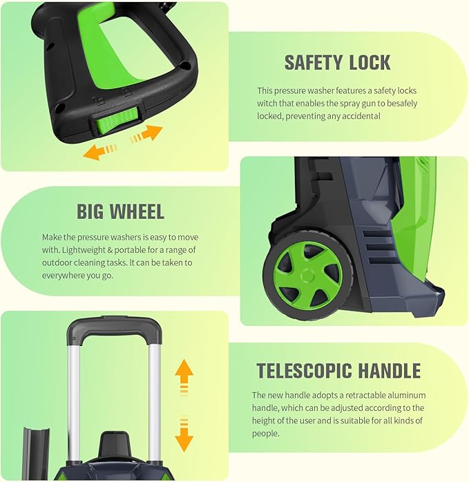 Pressure Washer with 25 FT Hose, 16.4 FT Power Cord, Soap Tank Car Wash Machine Green-VerdiqueGarden