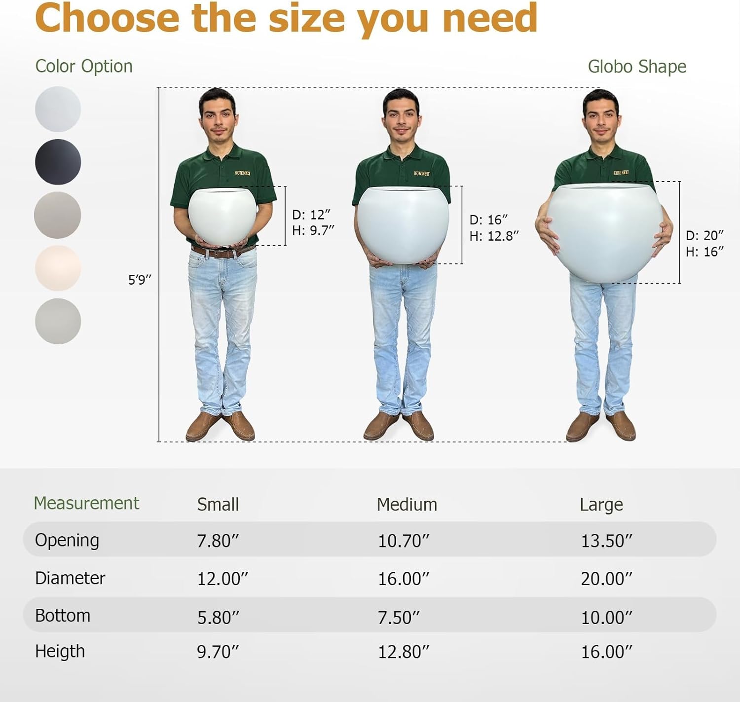 12.8" H x 16" D Globo Fiberstone Round Planter with Drainage Hole, Weather Resistant, Smooth Finish, Planters for Indoor Plants & Outdoor, 2 Extra Coco Mats (White, 10.7" Pot Opening)-VerdiqueGarden