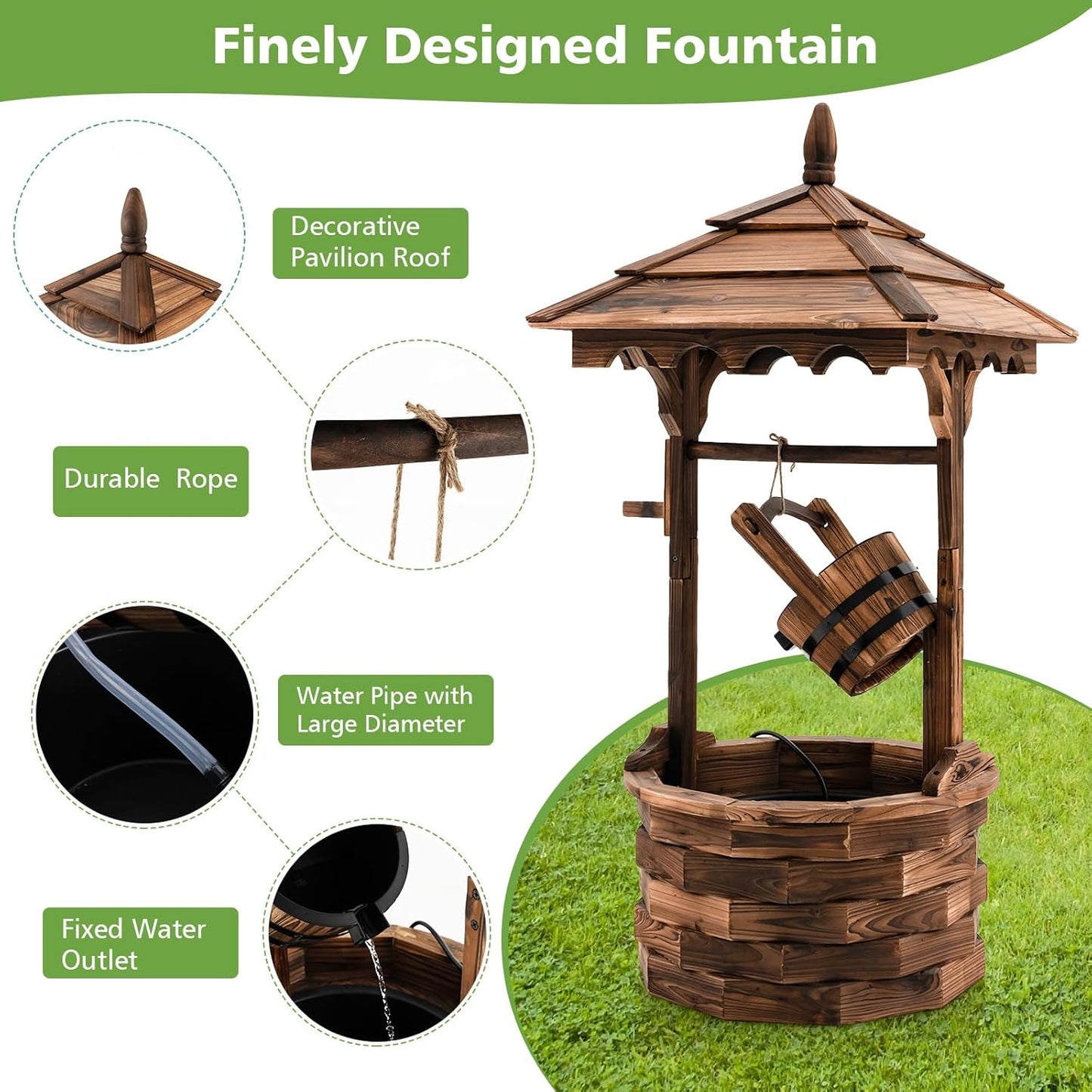 Tangkula Outdoor Wishing Well Water Fountain, Old-Fashioned Wood Waterfall Fountain w/Bucket Pump, Rustic Farmhouse Decoration for Garden, Backyard, 46 Inch Tall (22.5" x 22.5" x 48.5")-VerdiqueGarden