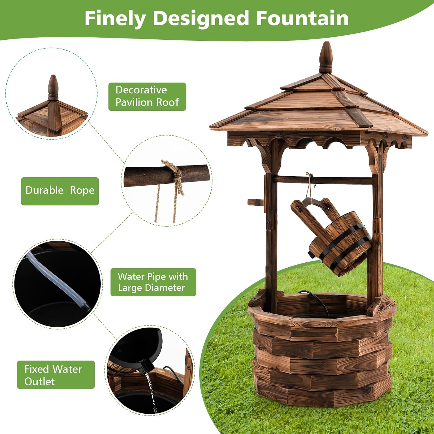 Tangkula Outdoor Wishing Well Water Fountain, Old-Fashioned Wood Waterfall Fountain w/Bucket Pump, Rustic Farmhouse Decoration for Garden, Backyard, 46 Inch Tall (22.5" x 22.5" x 48.5")-VerdiqueGarden