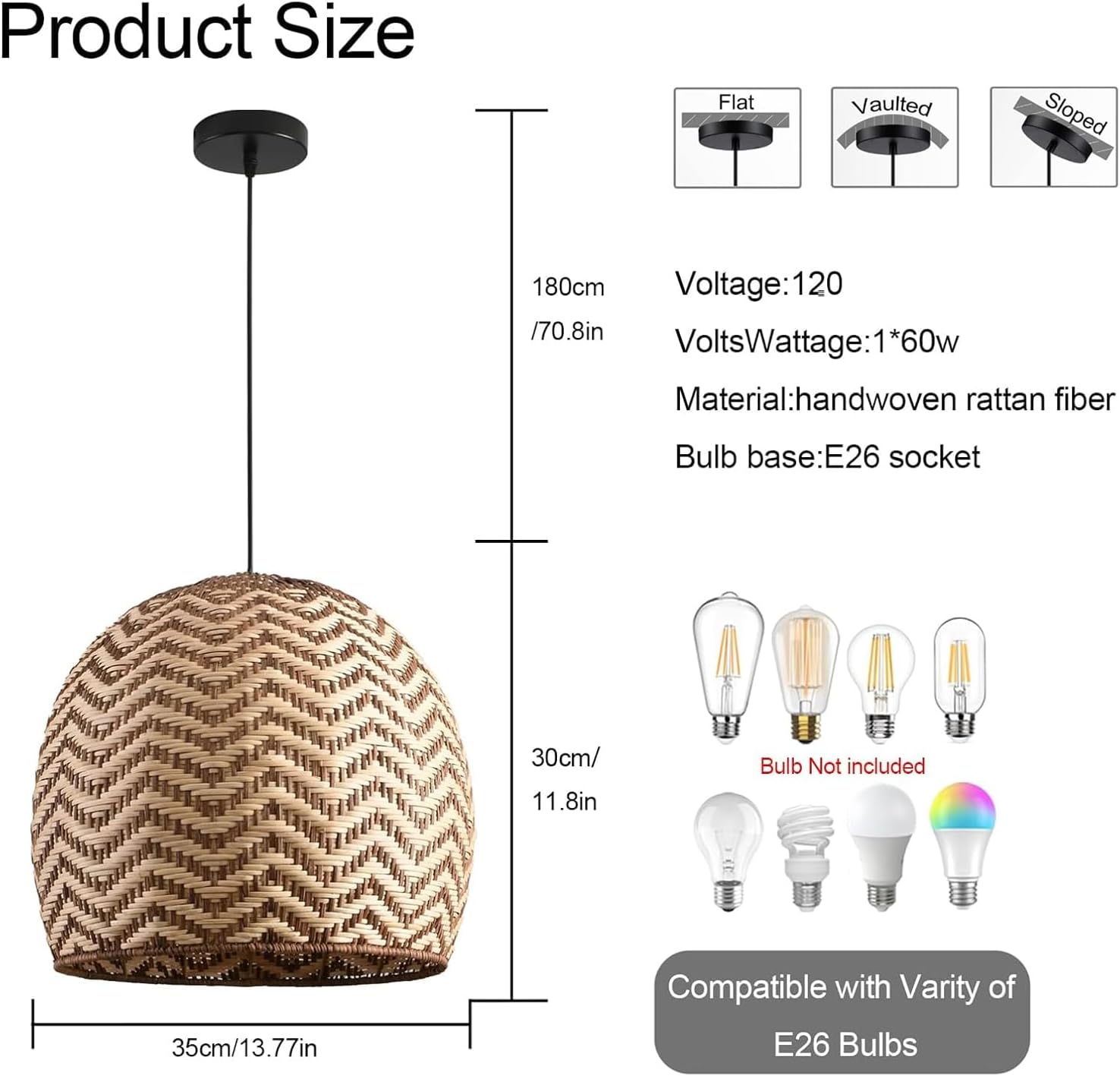 13.77" Rattan Pendant Light 1-Pack Rustic Curry Rattan Hanging Light Hand-Woven Wicker Chandelier for Dining Living Bedroom Kitchen Farmhouse-VerdiqueGarden