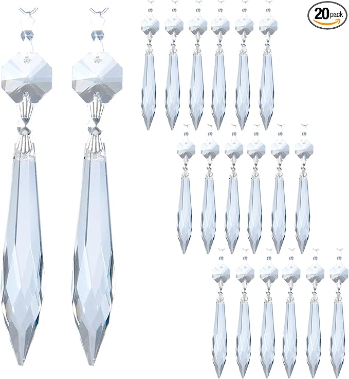 20Pcs Chandelier Icicle Crystal Prisms with Bead Crystals Lighting Lamp Replacement Parts (63mm, Clear)-VerdiqueGarden