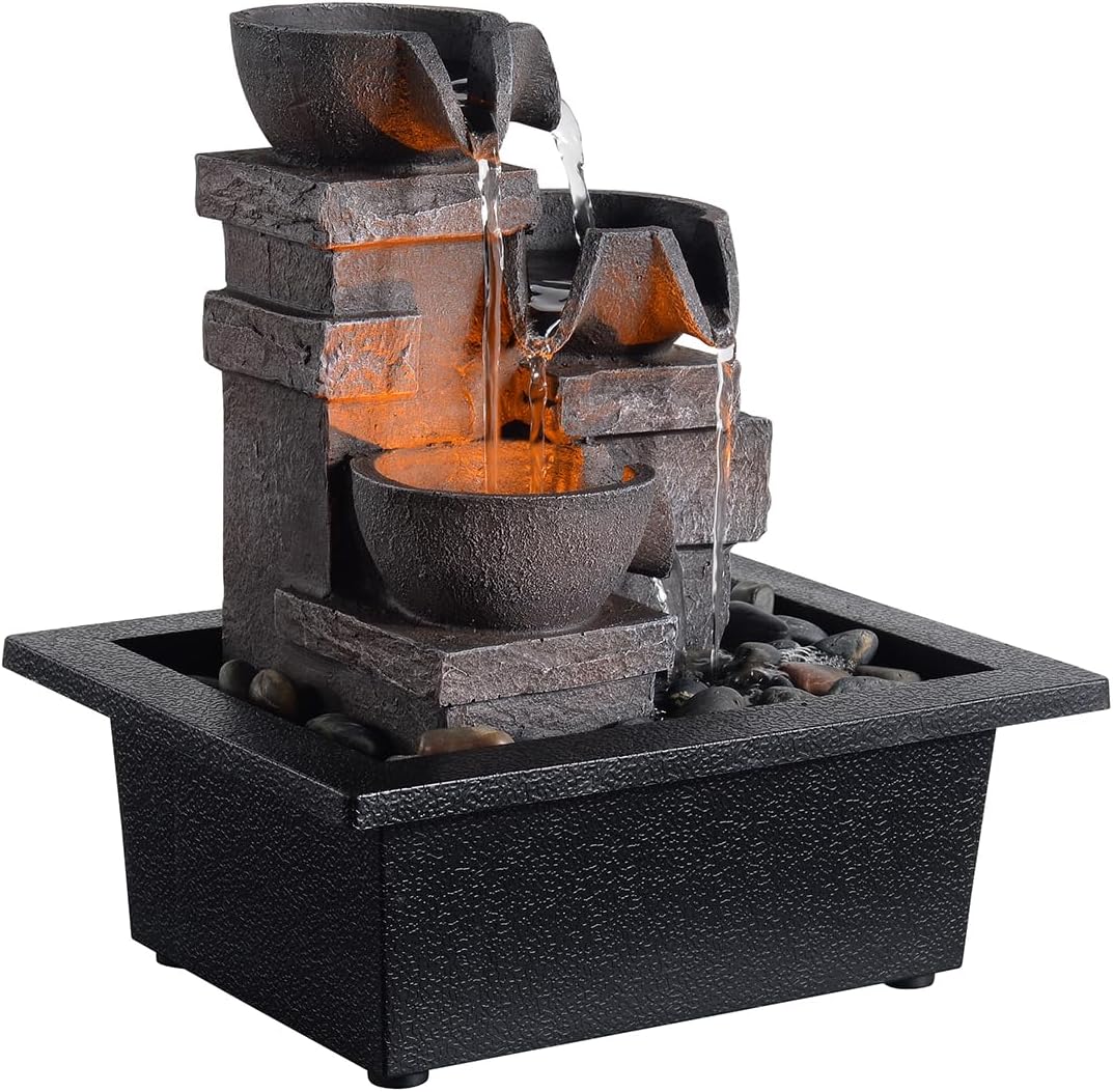 Indoor Fountain 3-Bowl Rockery Soothing Sound Tabletop Fountains Home/Office Decor with Natural River Rocks LED Lights Automatic Watering Pump(22044A)-VerdiqueGarden