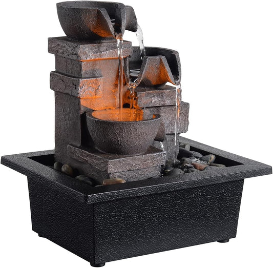 Indoor Fountain 3-Bowl Rockery Soothing Sound Tabletop Fountains Home/Office Decor with Natural River Rocks LED Lights Automatic Watering Pump(22044A)-VerdiqueGarden