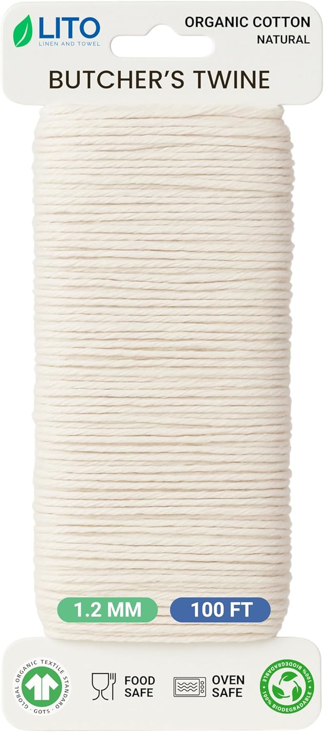 Organic Butcher’s Twine 100 Feet for Cooking & Trussing Meat– 1.2mm Heavy Duty Natural Cotton Kitchen String, Food-Safe & Oven-Safe for Turkey, Baking, BBQ & Crafts-VerdiqueGarden