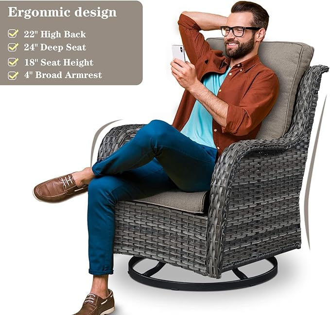 Outdoor Patio Furniture Set - 7 Piece Gray Wicker Conversation Patio Furniture Set All Weather Swivel Chairs with Ottoman and Loveseat Glider Chair for Deck Balcony Backyard-VerdiqueGarden
