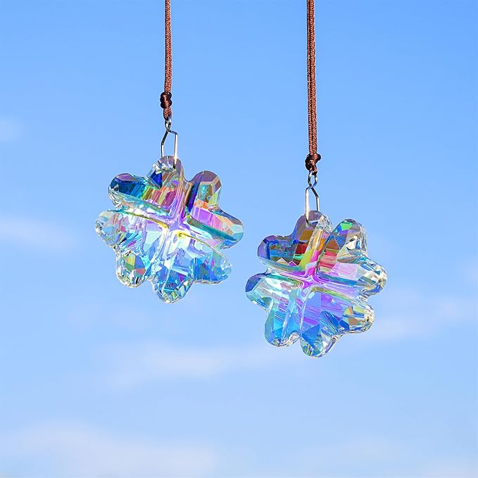 HDCRYSTALGIFTS 2PCS Crystal Prisms Suncatchers for Windows Christmas Ornaments,Lucky Four Leaf Clover Rainbow Maker Hanging Prism Sun Catchers for Home Garden Decoration,45mm-VerdiqueGarden