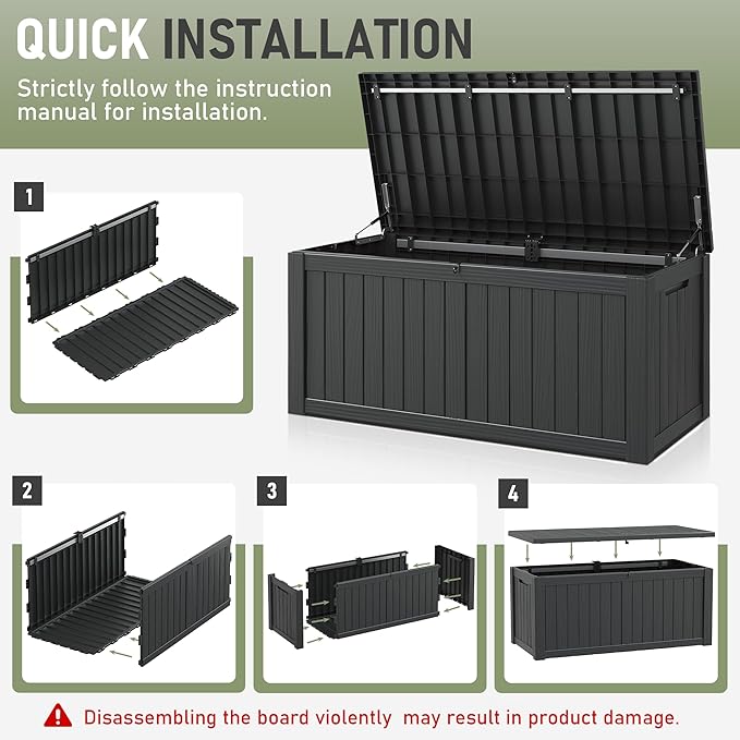 KAMABOKO Outdoor Storage Box, 120 Gallon Large Outdoor Resin Deck Box, Storage Waterproof Boxes Lockable Lid for Garden Tools, Pool Supplies, Patio Furniture and Cushions, Black-VerdiqueGarden