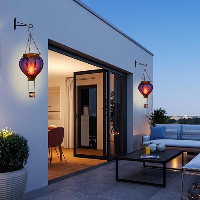 Hot Air Balloon Solar Lantern with Flickering Flame Hanging Solar Lights Outdoor Waterproof Lanterns for Garden Patio Yard Party Decoration Blue&Pink-VerdiqueGarden