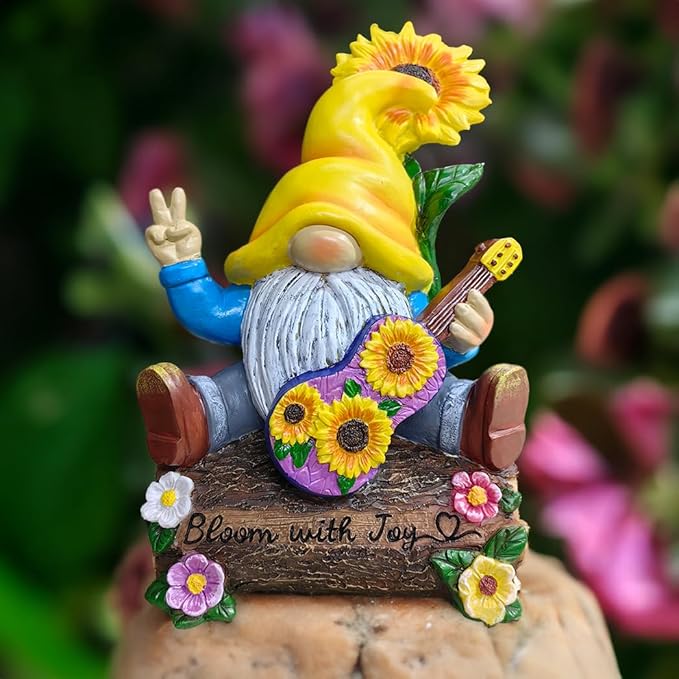 Spring & Summer-Themed Garden Statues – Adorable Outdoor Decor for Lawn, Patio & Porch (Bloom with Joy Sunflower Gnome 10" Garden Statue Figurine with Guitar, Spring and Summer Home Decoration)-VerdiqueGarden