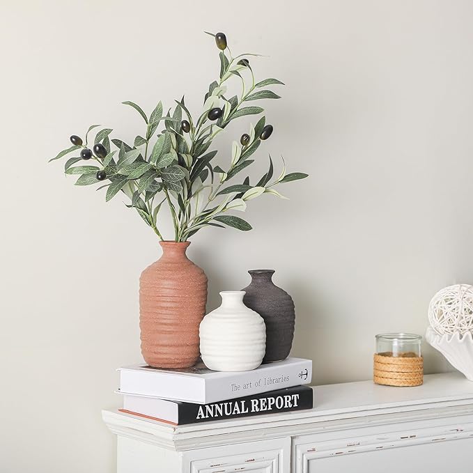 Ceramic Vase Set of 3 Decorative Vase for Home Decor Modern Farmhouse Decor Pottery Neutral Vases for Living Room Bathroom Table Mantel Fireplace Entryway Shelf (02-Brown)-VerdiqueGarden