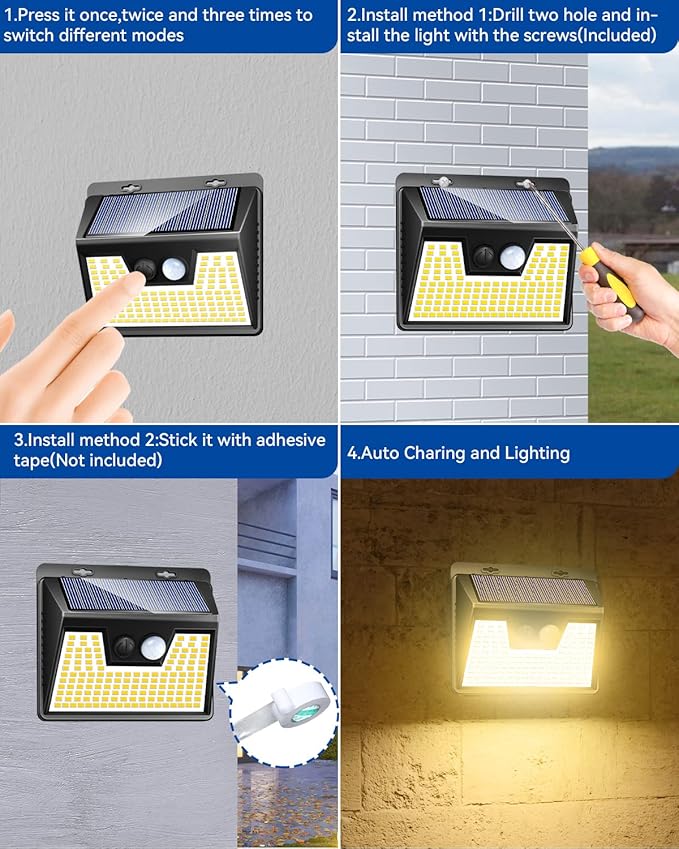 Peasur LED Solar Lights Outdoor Motion Sensor, 2 Packs Waterproof Solar Power Fence Security Lighting, 3 Mode Yard Deck Lamp for Wall Stairs Home Outside Warm White-VerdiqueGarden