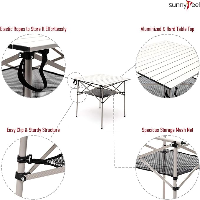 SUNNYFEEL Outdoor Folding Table | Lightweight Compact Aluminum Camping Table, Roll Up Top 4 People Portable Camp Square Tables with Carry Bag for Picnic/Cooking/Beach/Travel/BBQ-VerdiqueGarden