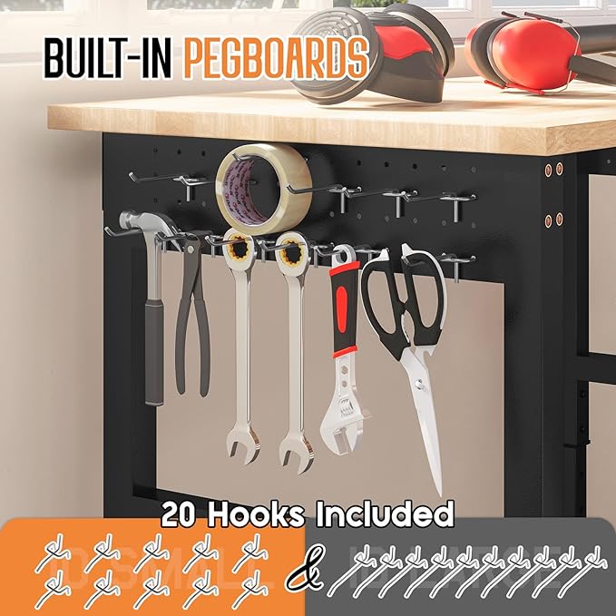 Albott 84" Adjustable 2-Tier Workbench with Solid Wood Top, Max 2000lbs Capacity, Built-in Power Strip with 4 AC Outlets & 2 USB Ports, Pegboard & 20 Hooks, Shop Garage Office-VerdiqueGarden