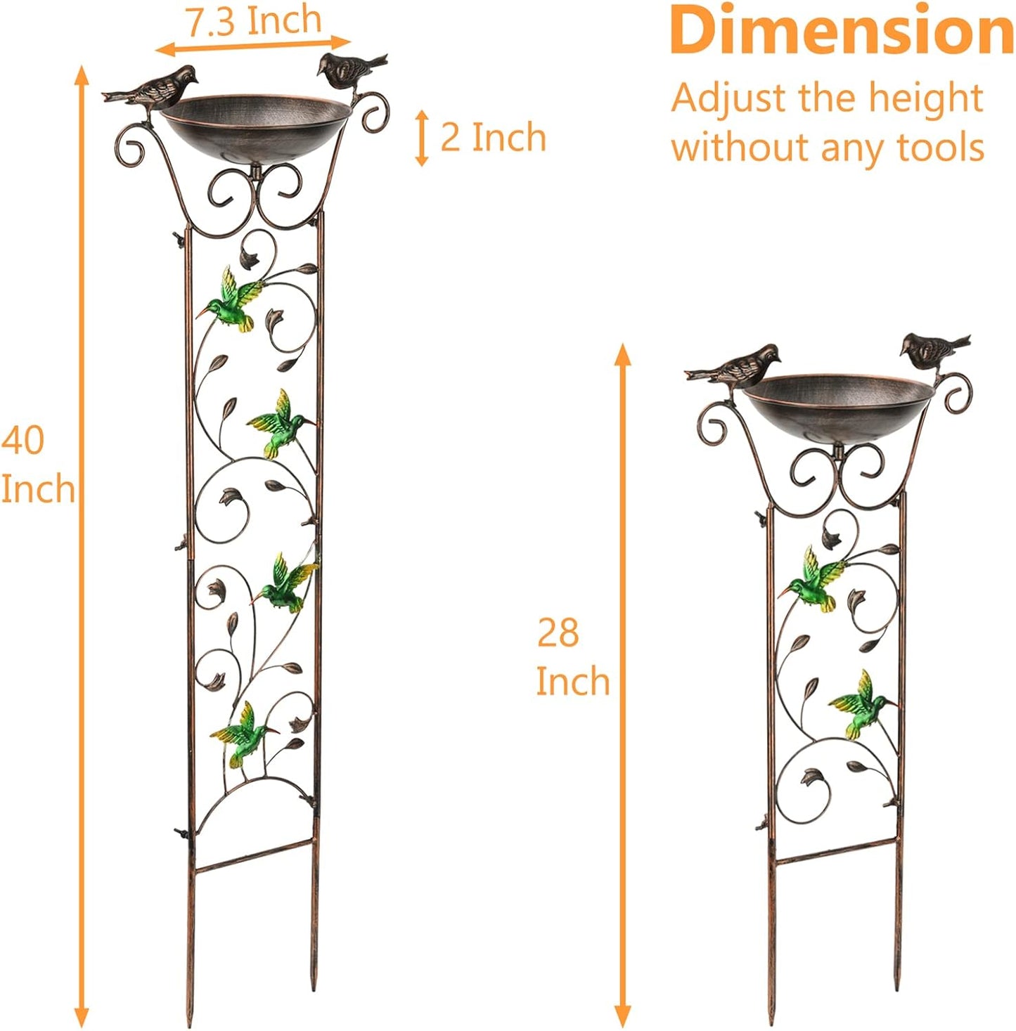 SUNNYPARK Antique Garden Iron Trellis with Decorative Hummingbirds Detachable Bird Bath Bowl Metal Potted Plant Support for Climbing Flowers-VerdiqueGarden