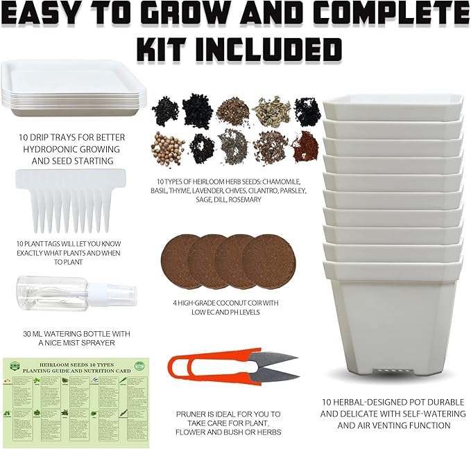 10 Herb Seeds Garden Starter Grow Kit with White Pots, Markers, Nutritional Soil, Watering, Herb Clipper, Complete Indoor Potted Plant Growing Set for Kitchen DIY-VerdiqueGarden