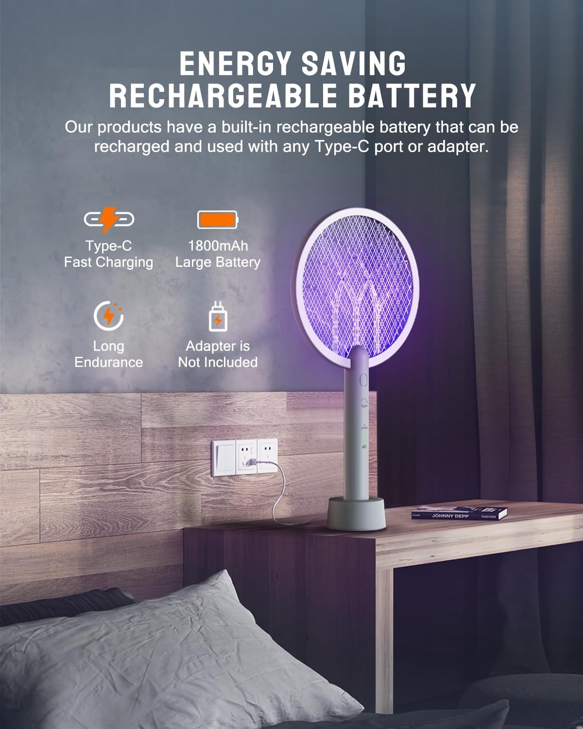 Electric Fly Swatter Racket, Mosiller 2 in 1 Bug Zapper with Type-C Rechargeable Base, 4000V Mosquito Killer with 3-Layer Safety Mesh for Pest Insect Control for Indoor、Office、Camping(Grey-1 Pack)-VerdiqueGarden