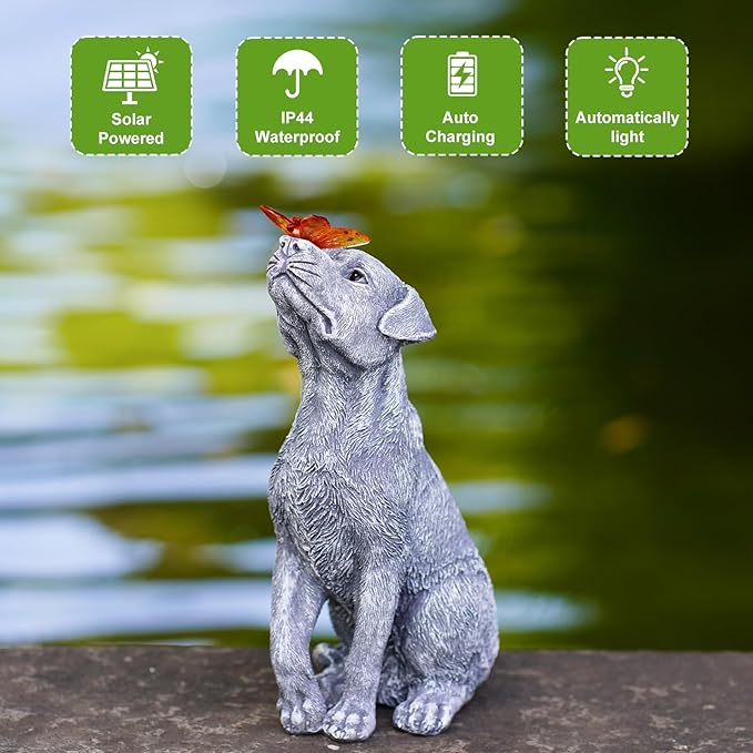 Solar Garden Statue Dog Figurine – Outdoor Decoration with Butterfly for Garden Yard Lawn Home Decor Outside : Unique Gifts for Mom Grandma-VerdiqueGarden