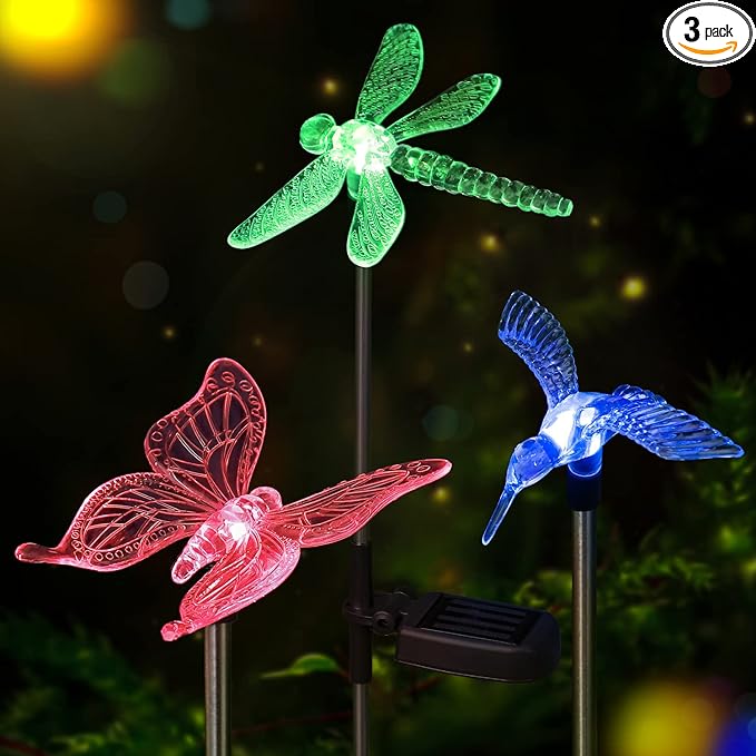 Solar Pathway Lights - 3 Pack Solar Stake Lights Outdoor, Color Changing Solar Powered Halloween Decorative Landscape Lighting Hummingbird Butterfly Dragonfly for Patio Yard Pathway Lawn Walkway-VerdiqueGarden