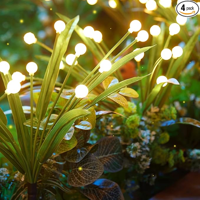 4 Pack 48 LED Solar Firefly Lights with Leaves, Solar Garden Lights Outdoor Decoration with 2 Lighting Modes, Waterproof Solar Outdoor Lights Decorative, Solar Lights for Outside Pathway, Warm White-VerdiqueGarden