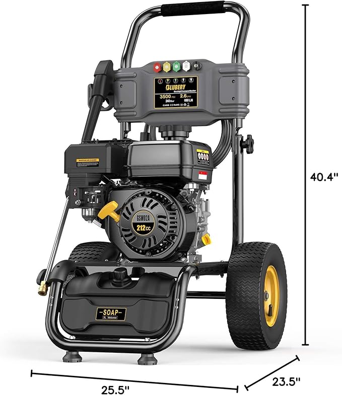 BLUBERY 3500 PSI Gas Pressure Washer, 2.6 GPM Heavy Duty High Power Washer, 30Ft Pressure Hose&Soap Tank,5 Pressure Nozzles,Black-VerdiqueGarden