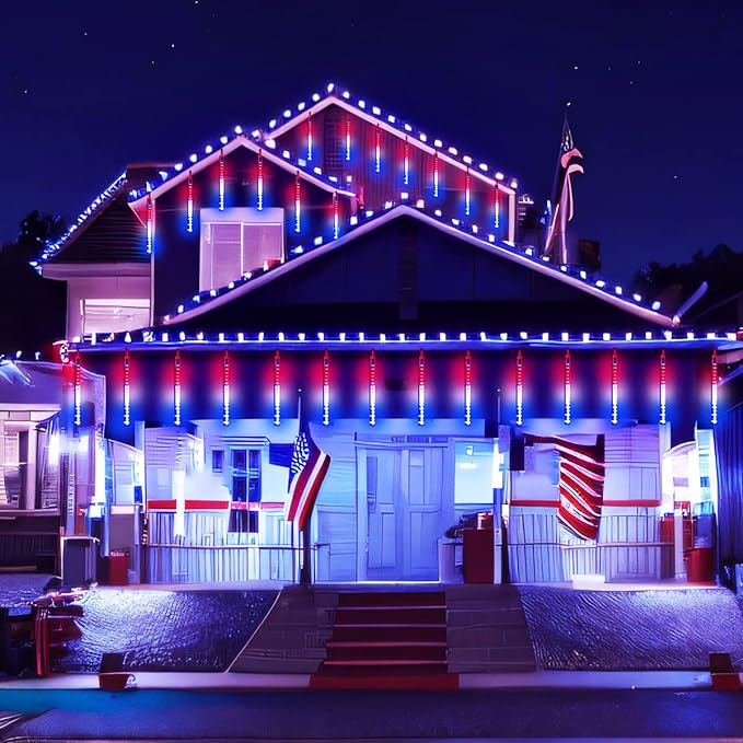 Aokudoni 4th of July Decorations Outdoor, 16 Inch Red White and Blue Meteor Shower Lights for Independence/National/Memorial Day, LED Christmas Lights Outdoor for Yard Garden Tree Holiday Party-VerdiqueGarden