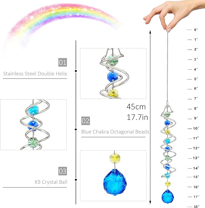 H&D HYALINE & DORA 17.7inch Gazing Ball Spiral Tail,Decorative Wind Spinner Sun Catcher,Rainbow Maker Double-Spiral W/Sea Blue Crystal Ball and Chain,Glass Crystals for Indoor Outdoor Decoration-VerdiqueGarden