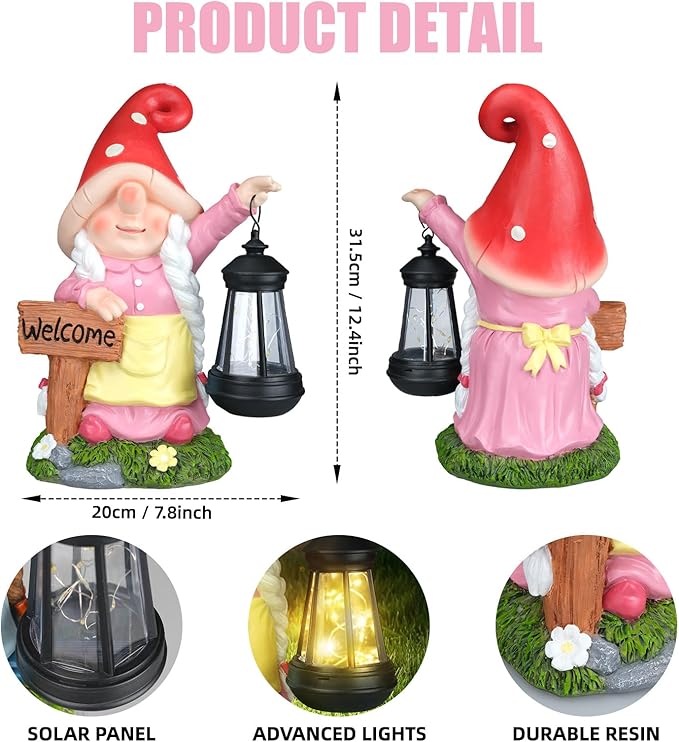 Solar Garden Gnome Statue Holding LED Lantern with Welcome Sign Outdoor Ornaments Waterproof Christmas Decoration for Outside Patio Yard Lawn Decor (Pink)-VerdiqueGarden