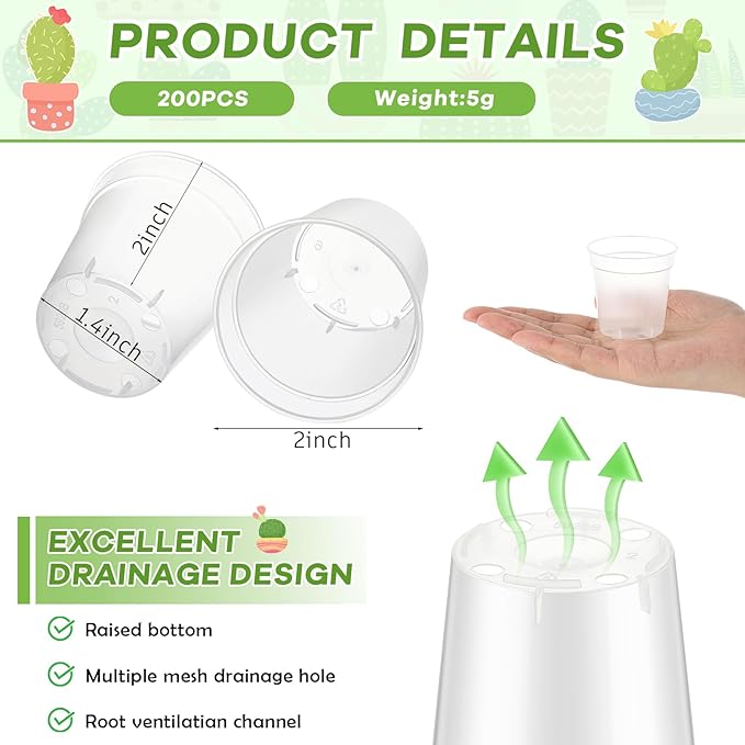 Yaomiao 200 Pcs 2 Inch Clear Mini Plastic Plant Pot Nursery Seedling Pots Seed Starter with Drainage Holes for Indoor Outdoor Garden Succulent Plants Cuttings Transplanting-VerdiqueGarden