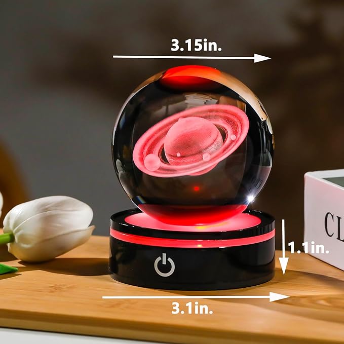 YWHL 3D Crystal Ball with LED Light Base, 3D Laser Engraved Glass Sphere Galaxy Crystal Ball for Home Decorations, Planet Saturn Lamp Gifts for Mother's Day Birthday Christmas (80mm)-VerdiqueGarden