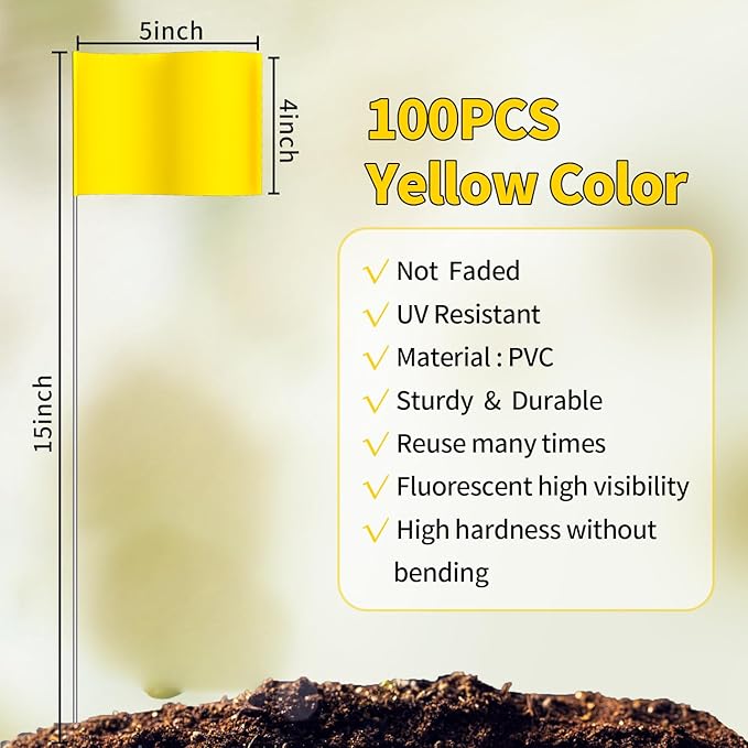 Zozen 100Pack Yellow Marking Flags, Writable/15x4x5 Inch, Yard Flags for Lawn & Irrigation & Landscape & Sprinkler & Survey & Dog Training.-VerdiqueGarden