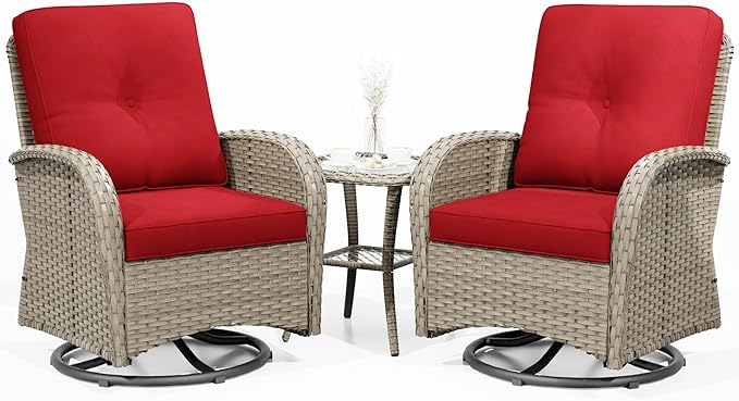 Joyside Outdoor Swivel Rocker Chairs, 3 Piece Wicker Patio Set with Thick Cushion and Side Table, Rattan Patio Swivel Rocking Chairs for Porch, Deck Use (Natural/Red, 3 PCS)-VerdiqueGarden
