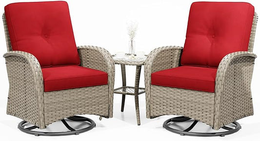 Joyside Outdoor Swivel Rocker Chairs, 3 Piece Wicker Patio Set with Thick Cushion and Side Table, Rattan Patio Swivel Rocking Chairs for Porch, Deck Use (Natural/Red, 3 PCS)-VerdiqueGarden
