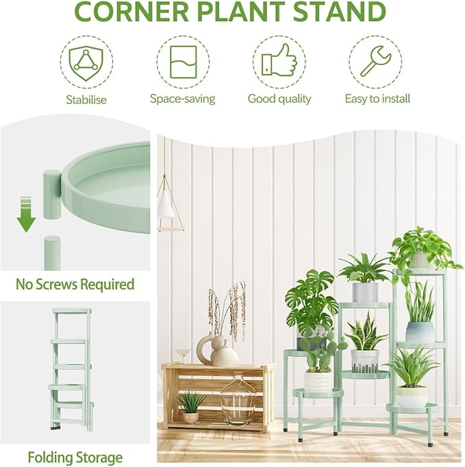 iDavosic.ly 7 Tier Large Plant Stand Indoor, 10 Inch Wide Tall Corner Metal Plant Stands Outdoor for Multiple Plants, Folding Tiered Flower Display Holder Rack Shelf, Light Green-VerdiqueGarden