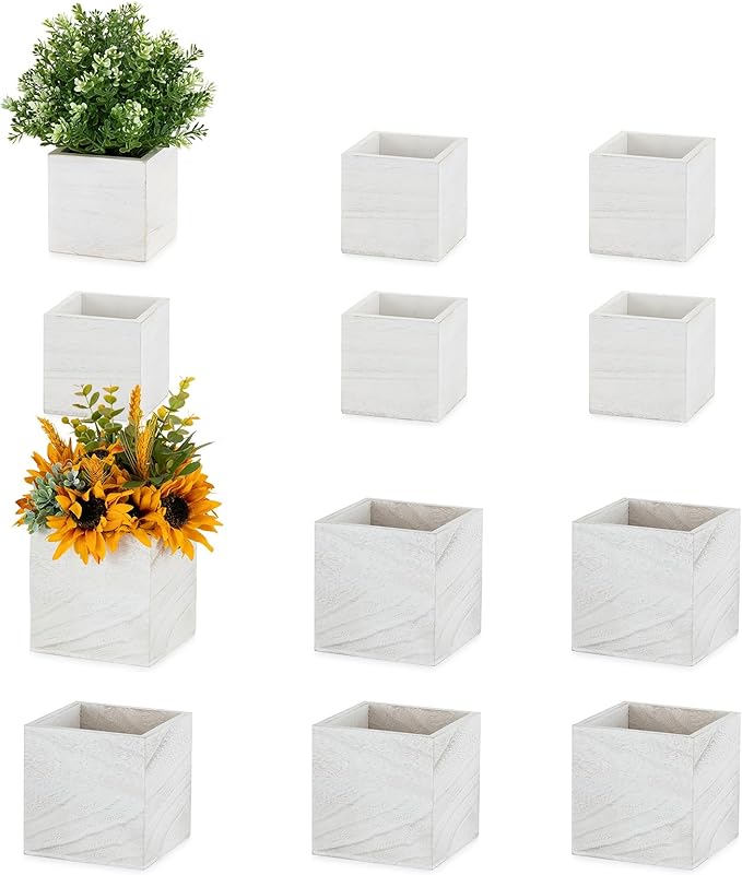 NUPTIO Wooden Box for Centerpiece Wedding: 12 Pcs Rustic Square Planter Box Farmhouse Table Fall Decor - 4×4" & 5×5" Whitewashed Small Wood Vases Flower Pots for Windowsill Home Garden-VerdiqueGarden