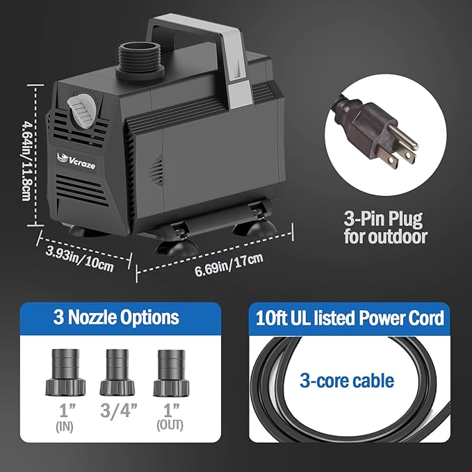 Submersible Water Pump 1200GPH/70W Fountain Pumps with Flow Control, Pond Pump Submersible Outdoor with 10ft 3-Core Power cable for Hydroponics, Aquarium, Waterfall, Statuary, Water feature-VerdiqueGarden